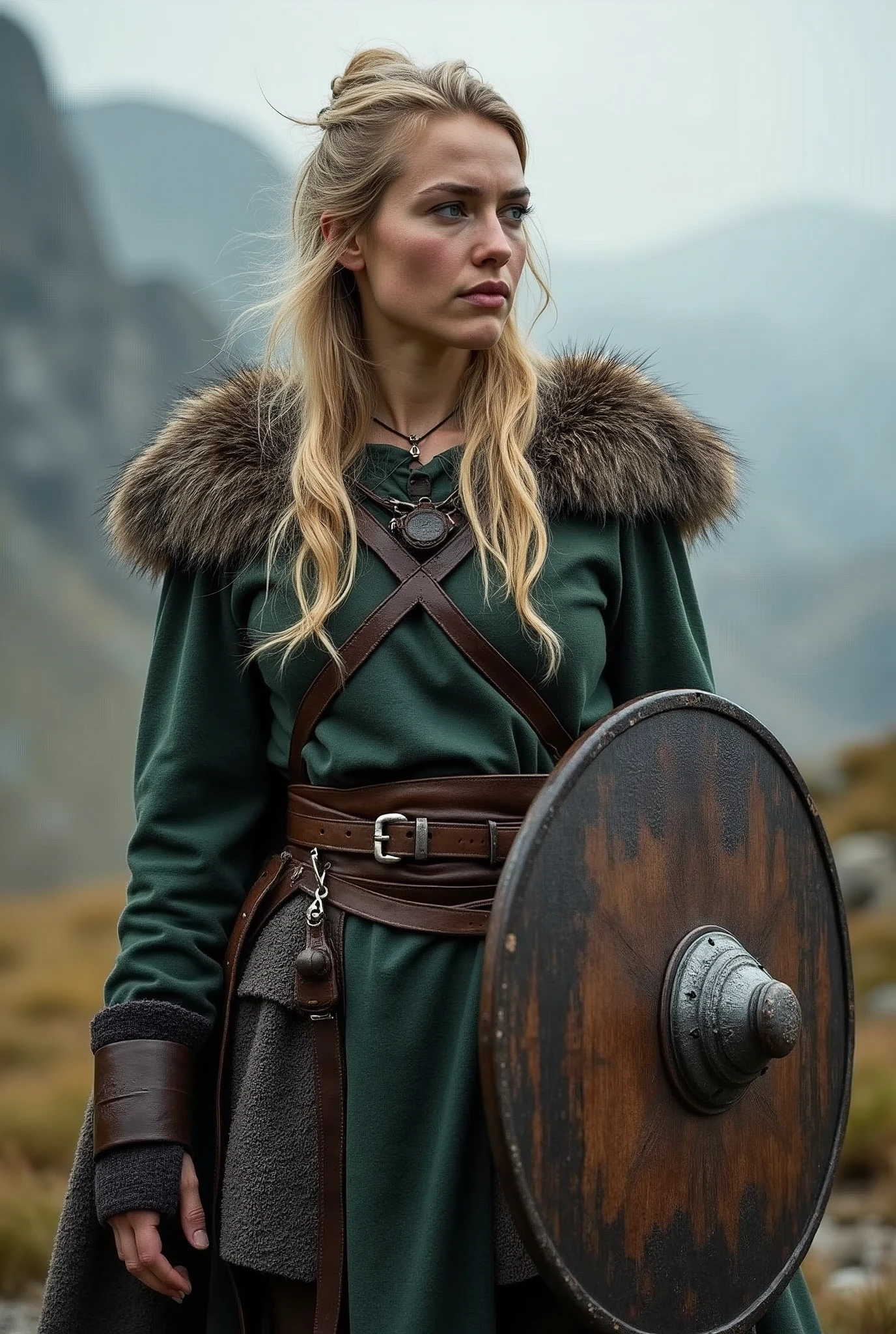 a portrait of a fierce Viking shieldmaiden, embodying bravery and resilience in a rugged landscape,