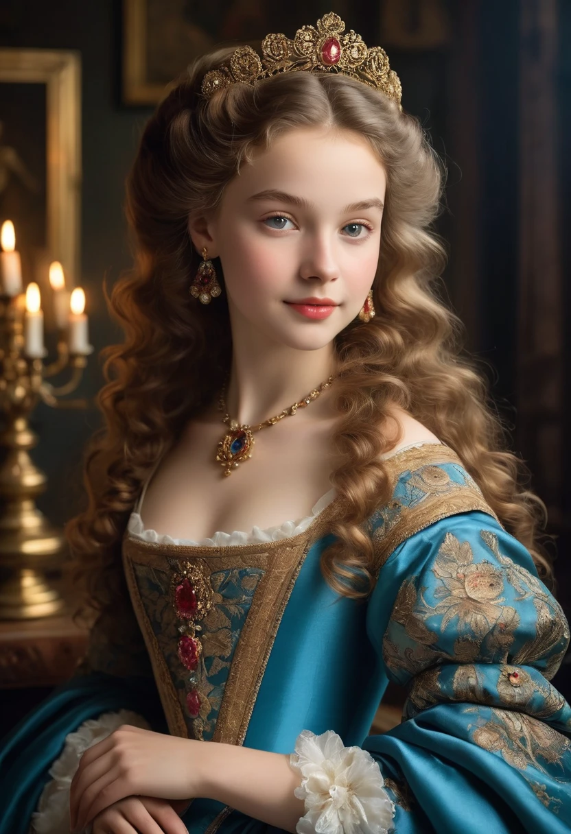 In this charming portrait of a 15-year-old girl, The youngest daughter of a wealthy merchant during the Dutch boom of the 17th century, Every stroke tells a story of magnificence and refinement.
Her chestnut curly hair cascades down,Create luxurious waves, Exquisite shape,Decorated with jewelry,Glowing in the soft candlelight of an artist's studio. Each lock seems to have its own life, Her delicate facial features exude a noble and elegant temperamenhows her family's social status..
Her eyes, Blue pool water, Full of wisdom and wit, Suggesting that her demure appearance hides a lively nature. Long eyelashes spread out like feathers, Casting a graceful shadow on her fair skin, With a hint of blush, Like a delicate rose in bloom.
Her lips, Apply a light pink color, Bend upwards,Show a charming and shy smile, Revealing the pearls hidden within. This is a smile that is both innocent and naughty, Capturing the purest essence of youth.
Dressed in the finest silks and satins, Her gown hugged her slender frame with its rich folds of fabric., Every stitch bears witness to the craftsman's skills. Embroidery patterns dance on the bodice, Scenes depicting pastoral scenes and mythological wonders, Lace ruffles cascade down her sleeves,Like a foaming waterfall.
In her hands, She holds a rose in her hand, The velvety petals contrast beautifully with her delicate porcelain skin.. It is a symbol of love and beauty, Full of passion and desire, As she gazed upon it with eyes that shone, People can't help but wonder what secrets she hides in her heart.
This portrait of the 15-year-old daughter of a wealthy Dutch merchant is more than just a portrait; It's a glimpse into a world of privilege and prestige, Beauty and refinement come first, And the hope of tomorrow fills the air like the scent of new flowers