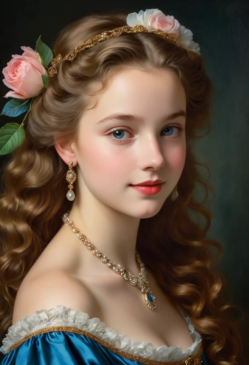In this charming portrait of a , The youngest daughter of a wealthy merchant during the Dutch boom of the 17th century, Every stroke tells a story of magnificence and refinement.
Her chestnut curly hair cascades down,Create luxurious waves, Exquisite shape,Decorated with jewelry,Glowing in the soft candlelight of an artist's studio. Each lock seems to have its own life, Her delicate facial features exude a noble and elegant temperamenhows her family's social status..
Her eyes, Blue pool water, Full of wisdom and wit, Suggesting that her demure appearance hides a lively nature. Long eyelashes spread out like feathers, Casting a graceful shadow on her fair skin, With a hint of blush, Like a delicate rose in bloom.
Her lips, Apply a light pink color, Bend upwards,Show a charming and shy smile, Revealing the pearls hidden within. This is a smile that is both innocent and naughty, Capturing the purest essence of youth.
Dressed in the finest silks and satins, Her gown hugged her slender frame with its rich folds of fabric., Every stitch bears witness to the craftsman's skills. Embroidery patterns dance on the bodice, Scenes depicting pastoral scenes and mythological wonders, Lace ruffles cascade down her sleeves,Like a foaming waterfall.
In her hands, She holds a rose in her hand, The velvety petals contrast beautifully with her delicate porcelain skin.. It is a symbol of love and beauty, Full of passion and desire, As she gazed upon it with eyes that shone, People can't help but wonder what secrets she hides in her heart.
This portrait of the 15-year-old daughter of a wealthy Dutch merchant is more than just a portrait; It's a glimpse into a world of privilege and prestige, Beauty and refinement come first, And the hope of tomorrow fills the air like the scent of new flowers