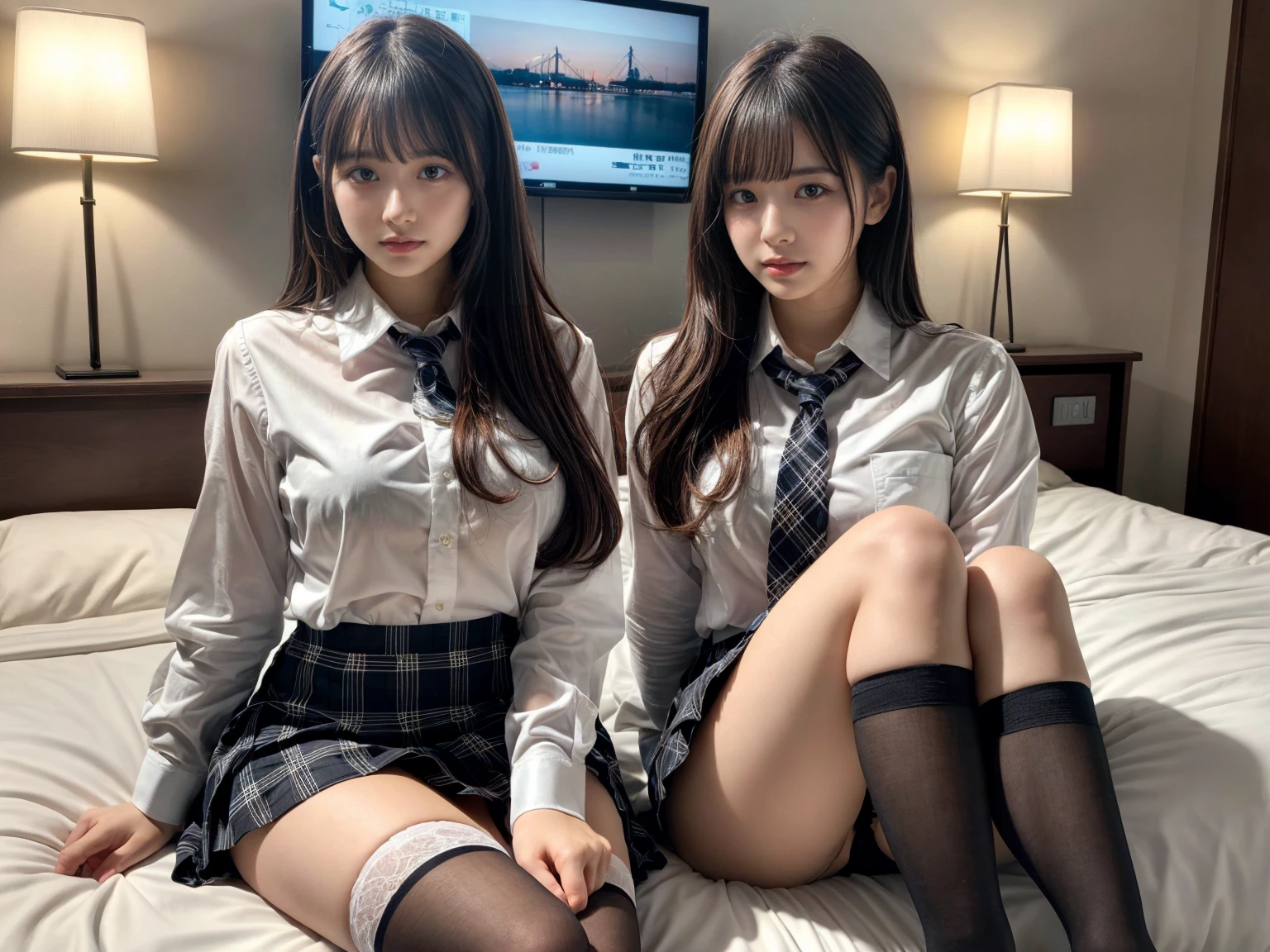 masterpiece, best quality, illustration, Super detailed, fine details, High resolution, 8K,wall paper, perfect dynamic composition,(Details High quality, realistic depiction of eyes:1.3), (3 girls), (white school shirt :1.2), (plaid skirt :1.3), tie black, black thigh-high stockings, sitting, open legs, short bob hair, in a hotel room in the background, deep on field, large breasts, black hair color, Big Natural Color Lip, (perfect body shape), crying a little、Harajuku style、20 year old girl、cute type、beautiful legs, Gravure Idol