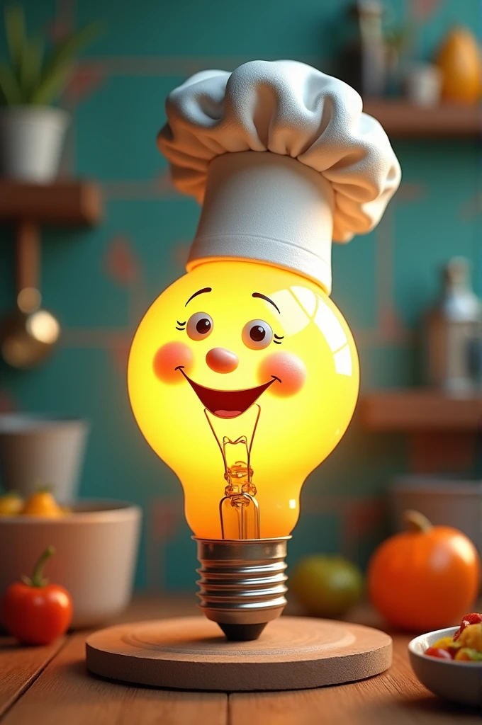 A crazy light bulb wearing a chef's hat