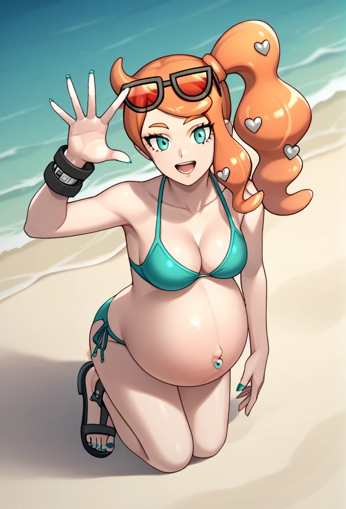 score_9, score_7_up BREAK solo,EPpkSonia,orange hair, side ponytail, aqua eyes, long hair, eyewear on head, sunglasses, heart hair ornament, aqua bikini, pregnant , big belly, Belly on piercing, cleaacelet, collarbone, blue panties, naih, aqua nails, aqua toenails, beach, Posing, happy, white Sandals, belly rubbing