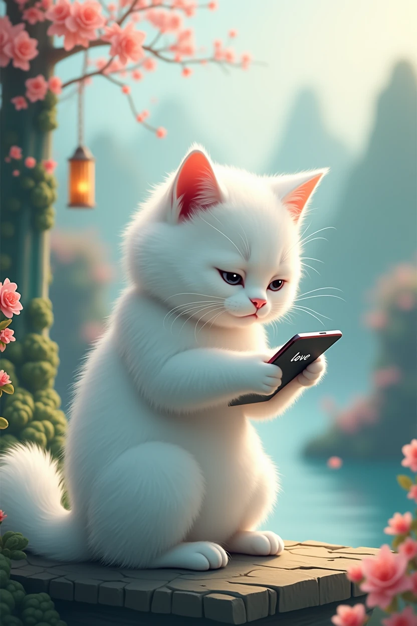 A white cat who loves to show off her presence,sad expression,Cat holding mobile phone,拿著Press love on mobile phone,Press love on mobile phone,background chinese style,Magnets in the background