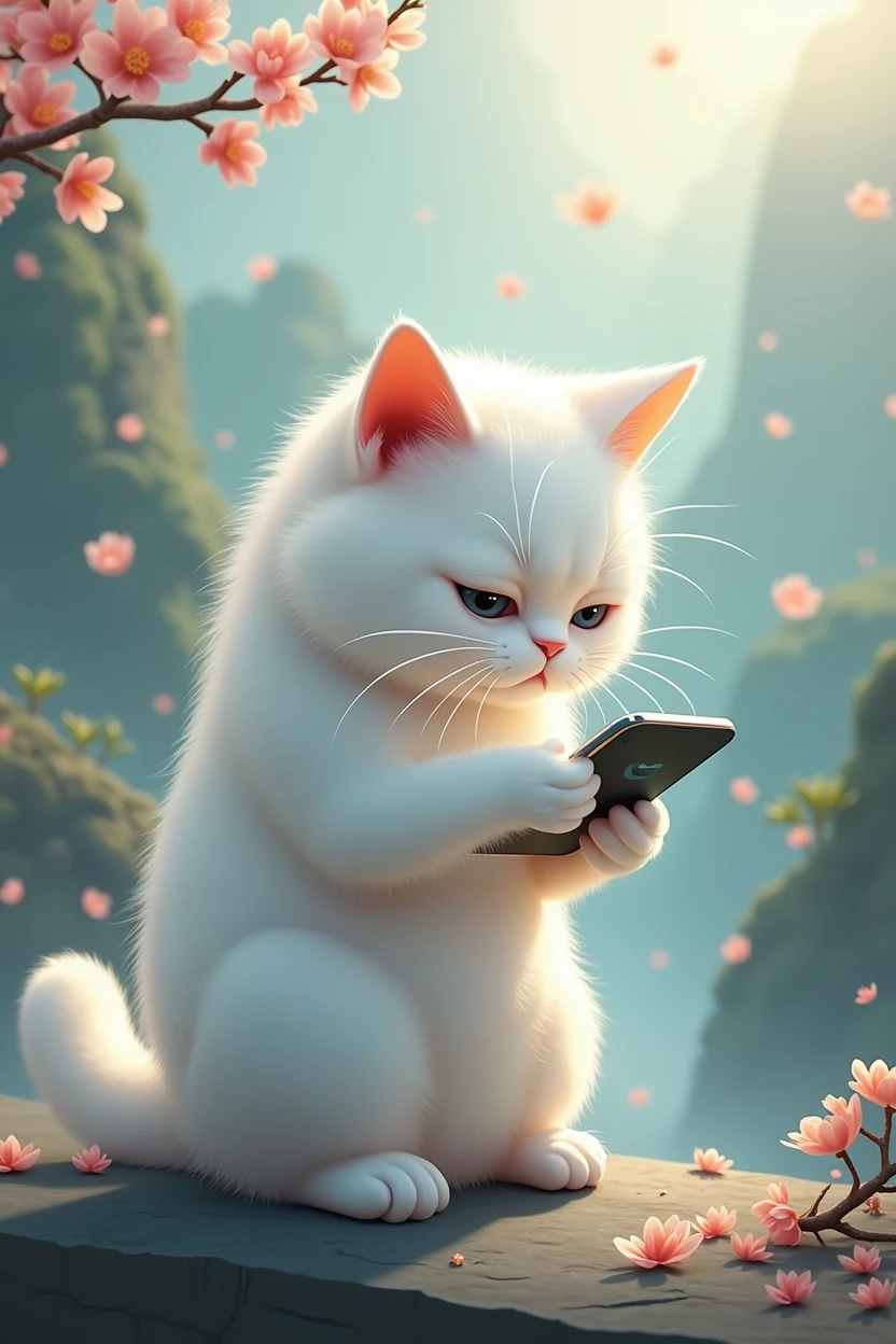 A white cat who loves to show off her presence,sad expression,Cat holding mobile phone,拿著Press love on mobile phone,Press love on mobile phone,background chinese style,Magnets in the background