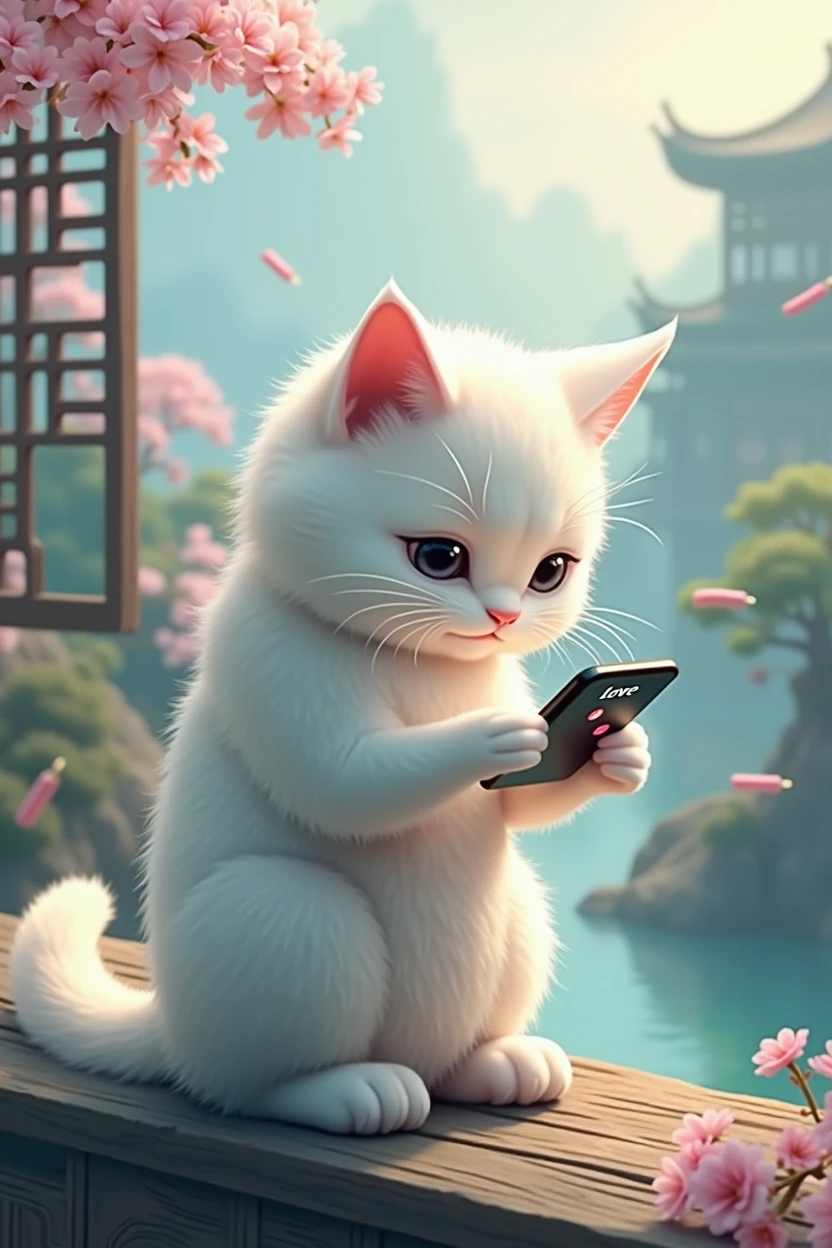 A white cat who loves to show off her presence,sad expression,Cat holding mobile phone,拿著Press love on mobile phone,Press love on mobile phone,background chinese style,Magnets in the background