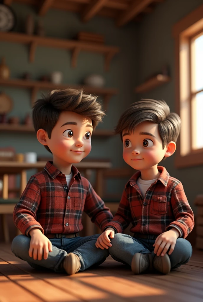 3D image of father and son sitting in plaid shirt