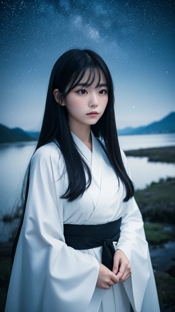Delicate and dainty young woman with shiny long black hair . She is wearing symple japanese white kimono. The background is a fantastic and ethereal night sky that seems to be haunted by a specter. Her expression is stern and atmospheric. 
