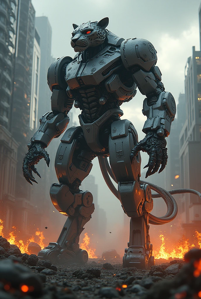 3d realistic robot mecha animal leopard and lion, urban background full of destruction with lots of fires and alien attacks, awan gelap