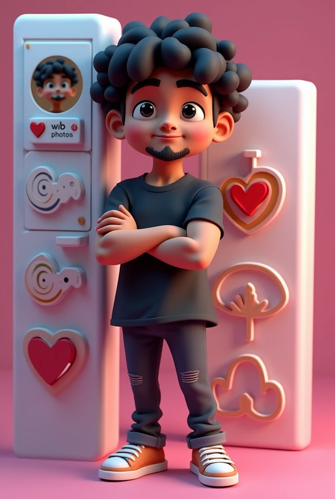 Create a 3D illustration of an animated brunette character with black hair standing with arms crossed casually next to a social media logo "instagramart". The character must wear a black t-shirt, rounded curly hair, darkskin, slightly slanted eyes, has an athletic body , beard and holding an iPhone. The background of the image is a social media profile page with the username "wb photos " and a matching profile photo.