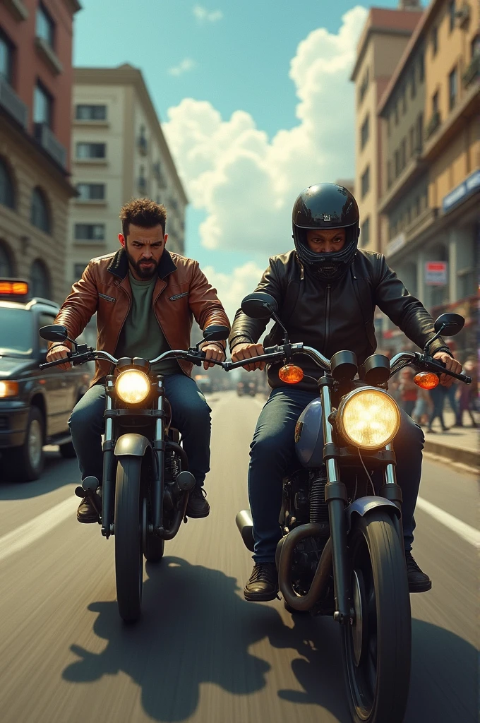 generates an image of Ricardo Laverde, a 40-year-old man, and Antonio, a 26-year-old man, while they suffer an attack by a motorcyclist and his passenger behind him with a mini Uzi in Bogotá with a tense atmosphere and a realistic style 