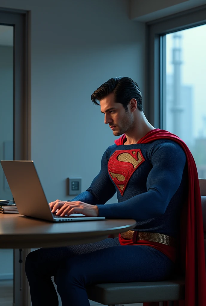 Superman working on the laptop 