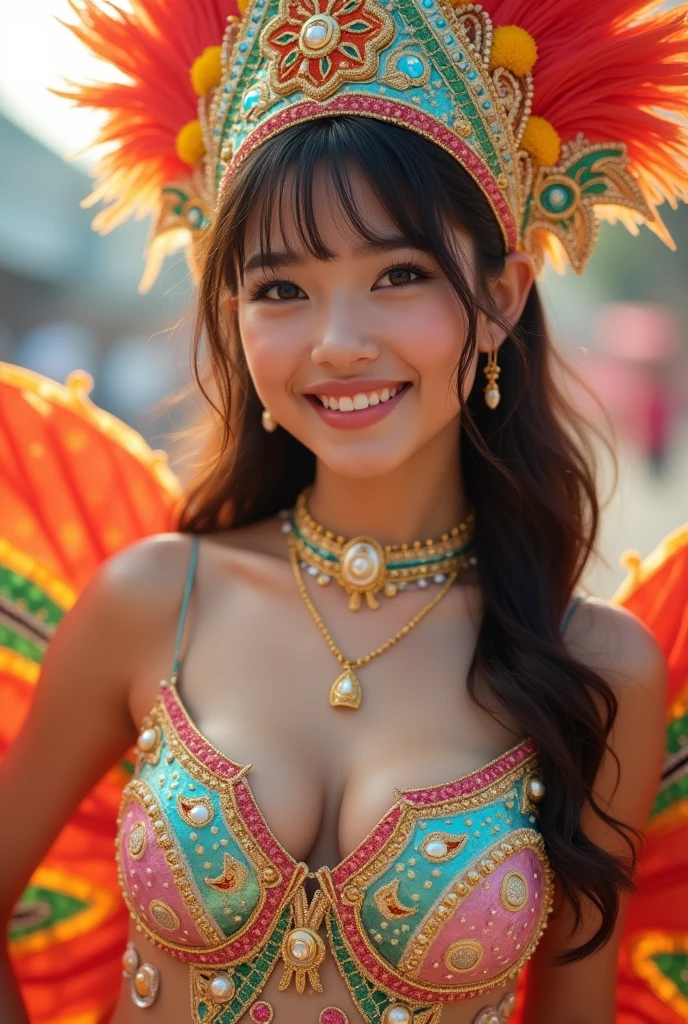 (masterpiece,best quality:1.4),(8k,raw photo,photo realistic:1.2),(shiny skin),detailed skin,detailed face,detailed eyes,Sparkling eyes:1.3,Symmetrical eyes,Detailed Background,detailed hand,1girl,natural make-up,((cute )),(white Flashy and colorful costumes), natural breasts,young trendy hair, ((Teen average breast)),(((Littba Girl))),((shiny cleavage)), (very beautiful cute), (beautiful asian),, girl cute-fine-face,,Cute smile, (super detailed Samba Costume Fancy design,trend),nsfw,sexy Instagram style,,face of the Golden Ratio,Samba Carnival in Japan,(((Japanese teenagers))),Great location, cowboy shot
