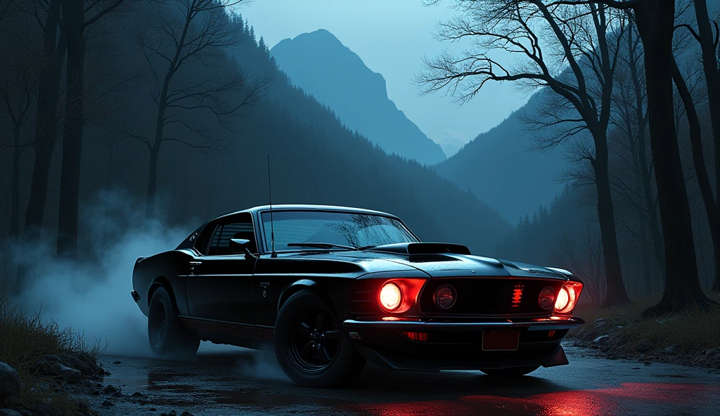 Anime vampire girl with red eyes, driving a black ford mustang in a dark forest w/ mountains