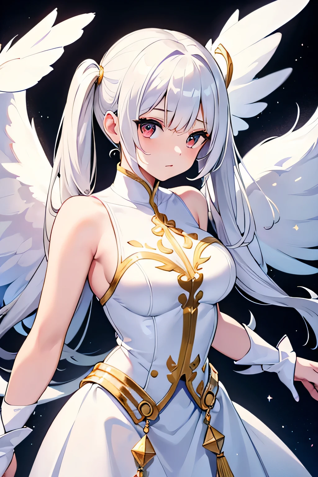 Una chica alta y strong que en un angel, White hair, White dress with gold parts and sleeveless, HAS 4 WINGS ON THE BACK, good background, standing, looking ahead, strong, Brown, empowered.