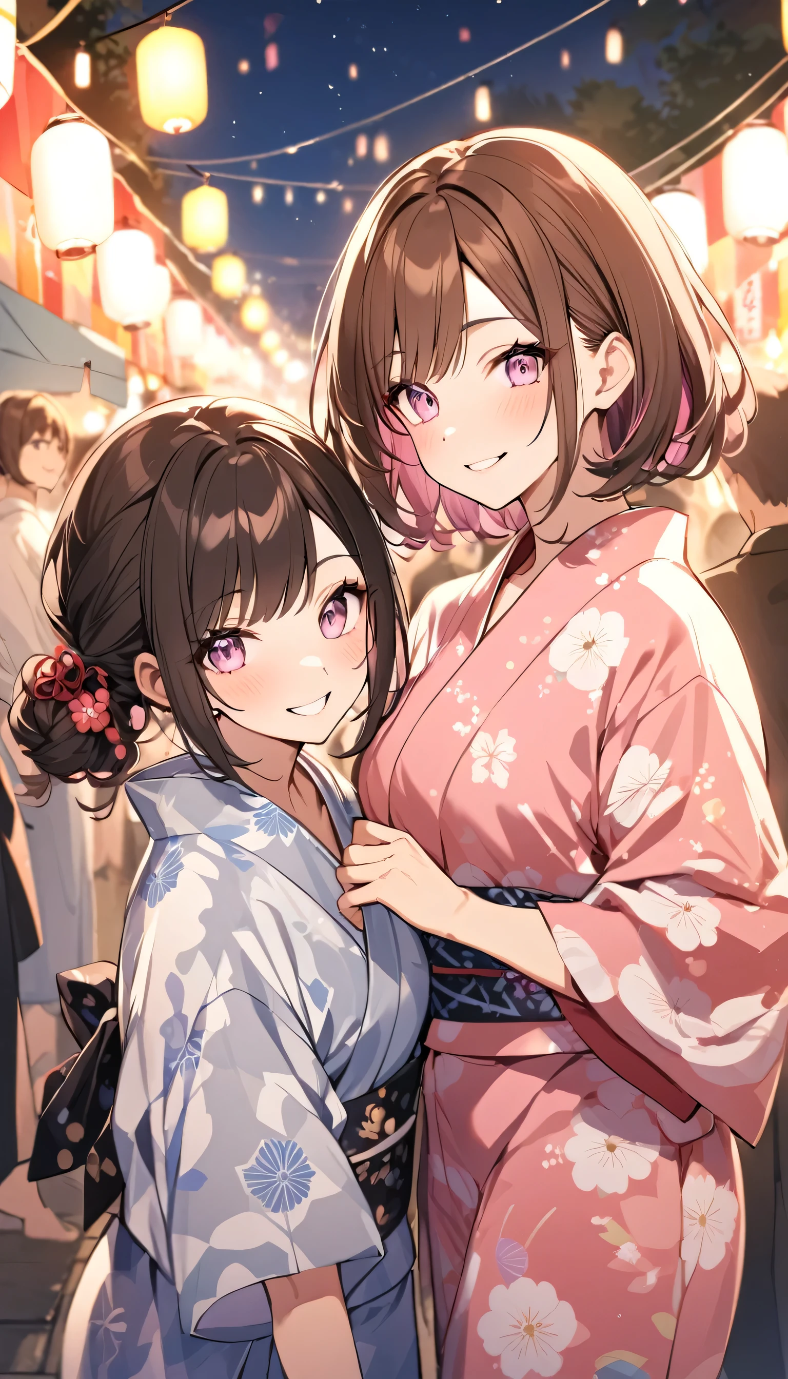 good looking, , 2 women, Medium Hair, Dark brown hair, Pink highlights on the tip, Pale pink eyes,Smile Facial,yukata,night,festival,smile,looks fun