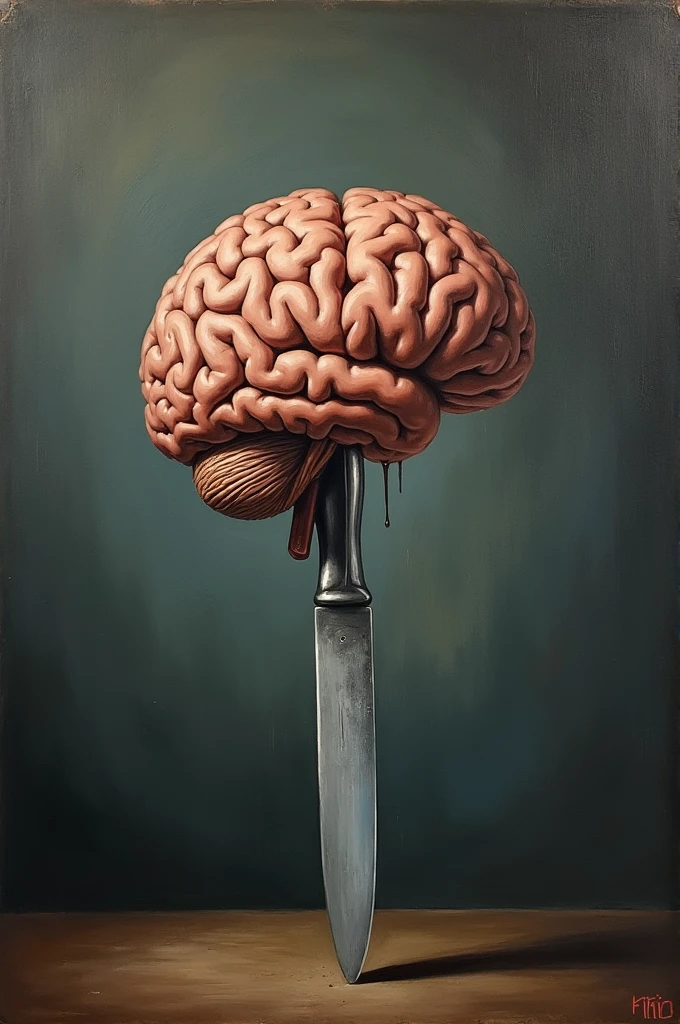 Oil painting of a human brain pierced by a kitchen knife