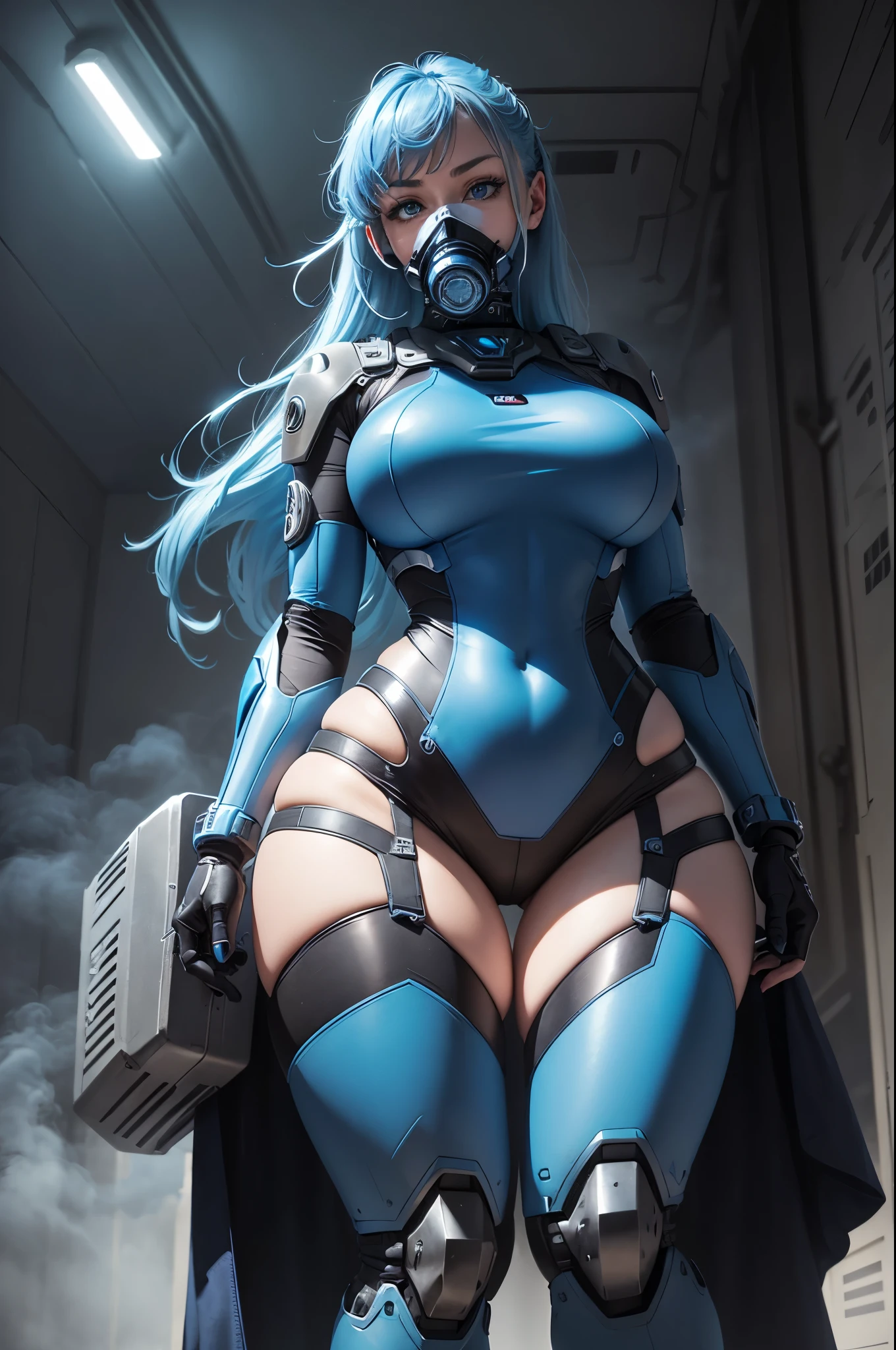 View from below angle from below girl mecha half cyborg, modifications, She has a curvy figure but a narrow waist., she has long blue hair, with blue eyes, with a gas mask on his face, cybernetic suit blue, costume parts with blue lights and LEDs, a multitude of glowing blue lines and lights, blue suit, blue clothes, dressed in black and blue tones, hands prosthetics, gorgeous body, short sports shorts that highlight her big wide hips, but it is covered by a mechanical suit, flat horizon photo, anime style pictures, на backgroundе изображения синее небо, clouds and lights and glare in large quantities, and also blue fog and smoke , background: blue sky with clouds
