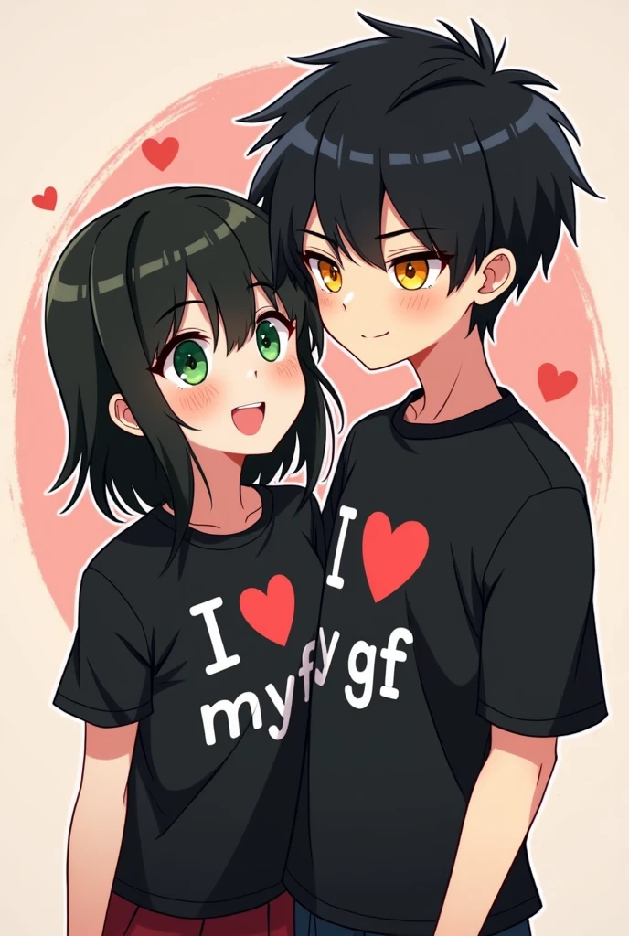 Couple cute girl should have black hair and green eyes, girl wearing black shirt that says 'I heart my bf', boy emo blushing with a black shirt that reads 'I heart my gf', cute couple daily cartoon style, boy with black hair and yellow cold eyes, master piece, nice shading, detailed back ground, anime, best quality
