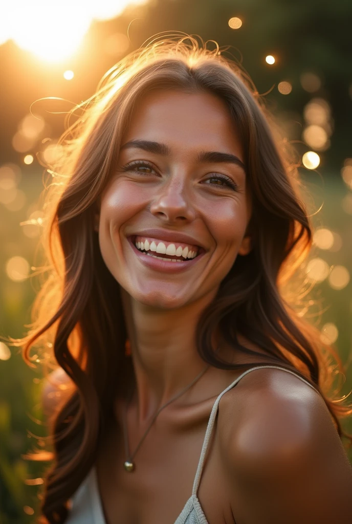 Create an inspiring image that conveys confidence and self-awareness. The image must include a smiling woman in a natural setting., como um fild ou Garden, ao nascer ou sunset. Her expression should convey confidence and serenity..
Elementos visuais:
1. main image:
• Smiling and confident woman, 30 years • Natural environment (fild/Garden).
• Soft sunrise light/sunset.
2. Star of David:
• Discreetly positioned in a corner of the image or subtly incorporated into the background.
3. golden lights:
• Soft light elements radiating around the woman to create an effect of illumination and mysticism.
4. Numerological Diagram:
• A graph or diagram of numbers in a side area or discretely in the image, suggesting the deep and analytical content of the numerological chart.
Style Guidelines:
• Soft and comforting tones.
• Mystical and attractive touch.
• Mix natural light and graphic elements to create a harmonious look.