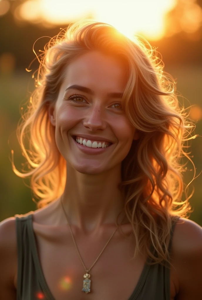 Create an inspiring image that conveys confidence and self-awareness. The image must include a smiling woman in a natural setting., como um fild ou Garden, ao nascer ou sunset. Her expression should convey confidence and serenity..
Elementos visuais:
1. main image:
• Smiling and confident woman, 30 years • Natural environment (fild/Garden).
• Soft sunrise light/sunset.
2. Star of David:
• Discreetly positioned in a corner of the image or subtly incorporated into the background.
3. golden lights:
• Soft light elements radiating around the woman to create an effect of illumination and mysticism.
4. Numerological Diagram:
• A graph or diagram of numbers in a side area or discretely in the image, suggesting the deep and analytical content of the numerological chart.
Style Guidelines:
• Soft and comforting tones.
• Mystical and attractive touch.
• Mix natural light and graphic elements to create a harmonious look.