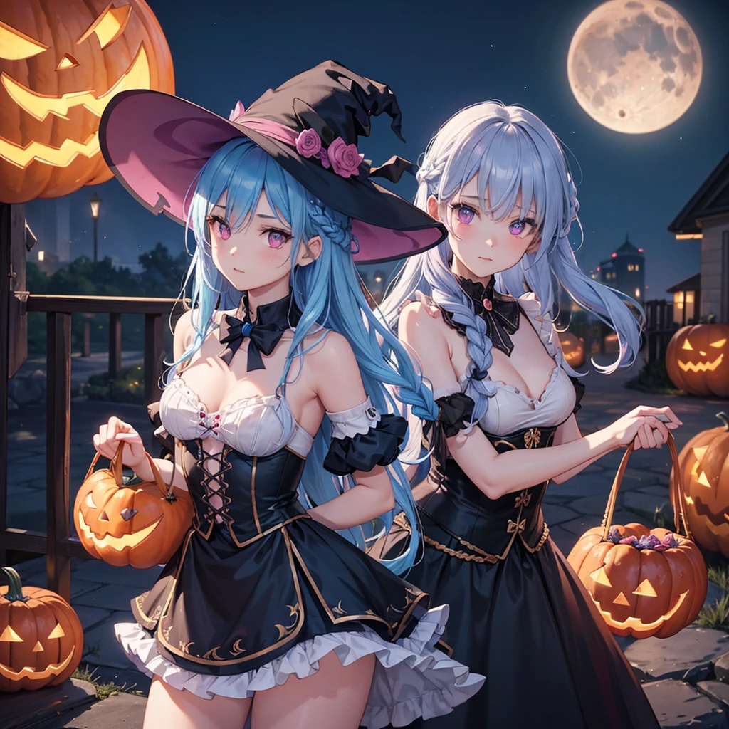 (Sky Blue Hair),(Braided medium hair), (Pink Eyes),Fair skin) ,(whole body),(One Girl),(Crescent Moon),(There are many pumpkin ghosts in the background),(Trick or Treat),Halloween Night Party),(masterpiece, Highest quality, Very detailed, Best Shadow), (Detailed Background), (Beautifully detailed face), High Contrast, (Best lighting, Very delicate and beautiful), ((Cinematic Light)), Hyper Detail,8k, Dramatic Light, Intricate details,Witch&#39;s Clothes,Magic broom,night,Flying bats in the sky,