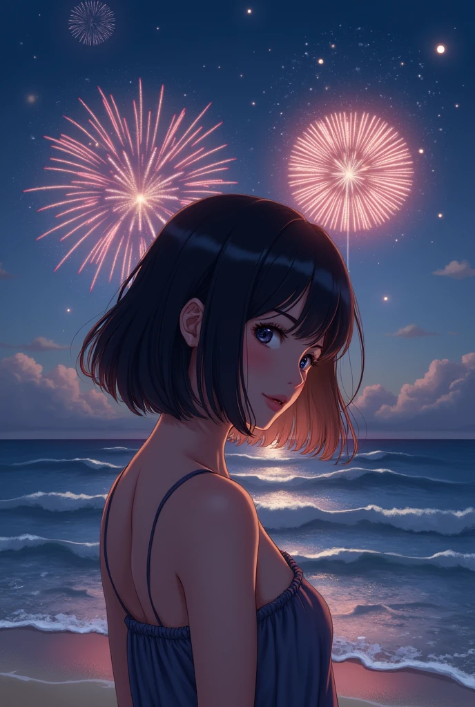 Japanese、Age 25、sister、Randomly generated people with diverse facial features and hairstyles、Perfect Anatomy,Ocean、Beach、firework、Night Sky、打ち上げfirework、目をOceanつぶる、Mature woman