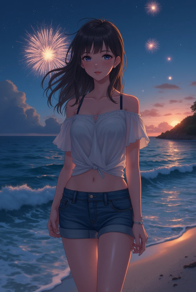 Japanese、Age 25、sister、Randomly generated people with diverse facial features and hairstyles、Perfect Anatomy,Ocean、Beach、firework、Night Sky、打ち上げfirework、目をOceanつぶる、Mature woman