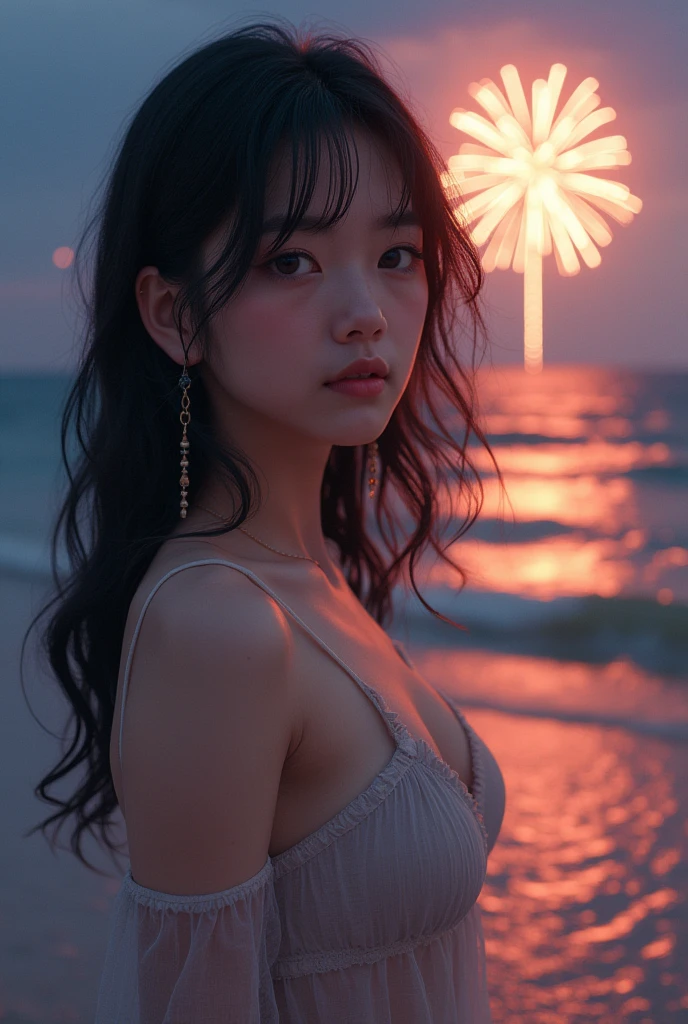 Japanese、Age 25、sister、Randomly generated people with diverse facial features and hairstyles、Perfect Anatomy,Ocean、Beach、firework、Night Sky、打ち上げfirework、目をOceanつぶる、Mature woman