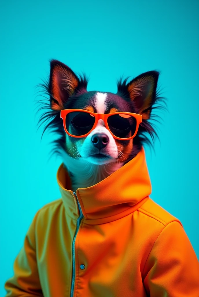 The best cell phone wallpaper, Award-Winning Wallpaper, portrait photography, In the front view is a portrait of a cute dog wearing mid-1960s space age fashion, Side view photo, Shot with Canon EOS R5, Set a strong contrast that accentuates the subject, Fluorescent blue tone, Wearing a very modern coat and sunglasses is a modern 1960s style, Clothes all in one color, beautiful background