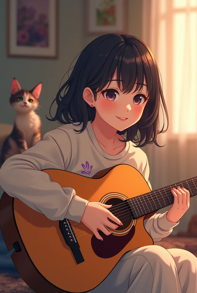 With her boyfriend playing the guitar、She is listening to it happily with her cat, and I made her look like a 20-year-old anime girl.