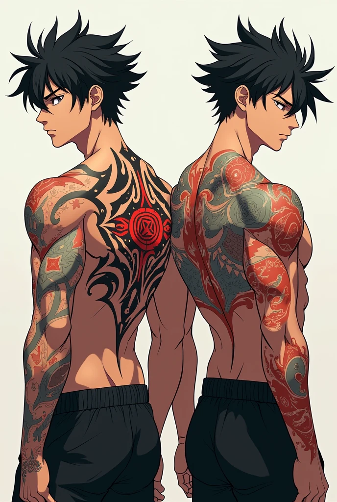 Anime men with simple sukuna tattoos on the back, in form of geometric designs