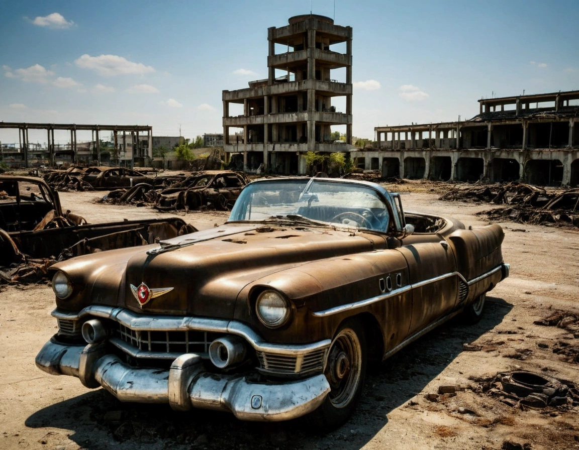 Create a diagonal and accurate image of an 18 year old girl with a gas mask on her face leaning against an old rusty and dirty and broken down 1955 Cadillac Eldorado, The car is on fire, the car is on fire, with METAL stakes on the hood, Armored Vehicle, there are MANY iron spikes AROUND the car body. WIDE AND THICK DIRTY WHEELS, turned wheels, front with a broken metal grate with several rusty spears and bloodstained anti-zombie stakes; military style with modifications and protection with metal plates, war tank style, broken and dirty headlights, the car is on a destroyed concrete overpass in the center of a post-apocalyptic city, There are several tall, ultra-futuristic cylindrical buildings in ruins around the car, steampunk car, dramatic art, dieselpunk art style, apocalyptic road warrior vibe, surreal digital art, mad max inspired, heavy metal artwork, chrome grille symmetry, arte steampunk digital, this&#39;It&#39;s not the Mad Max style, metal art, is not Filip Hodas; artwork style, steampunk digital art, dieselpunk, in a high-tech world, photo on the diagonal