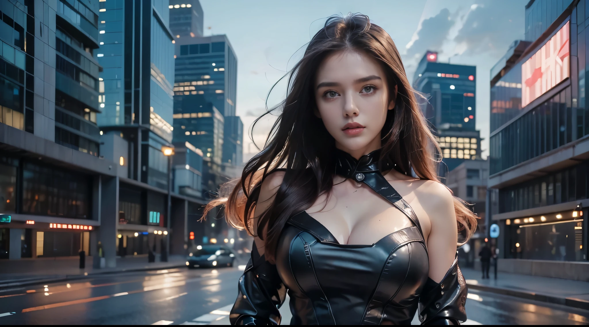 ((masterpiece, best quality, Highest image quality, high resolution, Reality, RAW photos, 8K)), Bustling future city night scene,Girl standing on the roof,Tight leather jacket,Off-shoulder,Large Breasts,Long hair,Pretty face,Closed mouth,dramatic,Upper Body,(midnight)