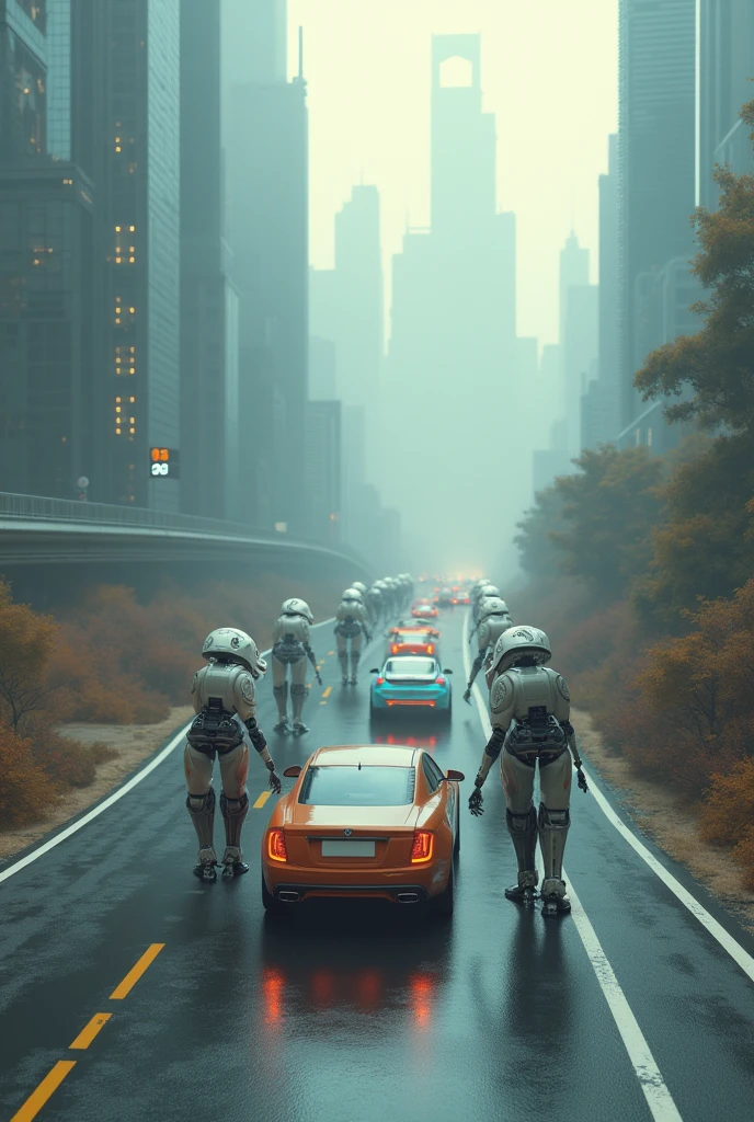 Cars on the road being pushed by robots
