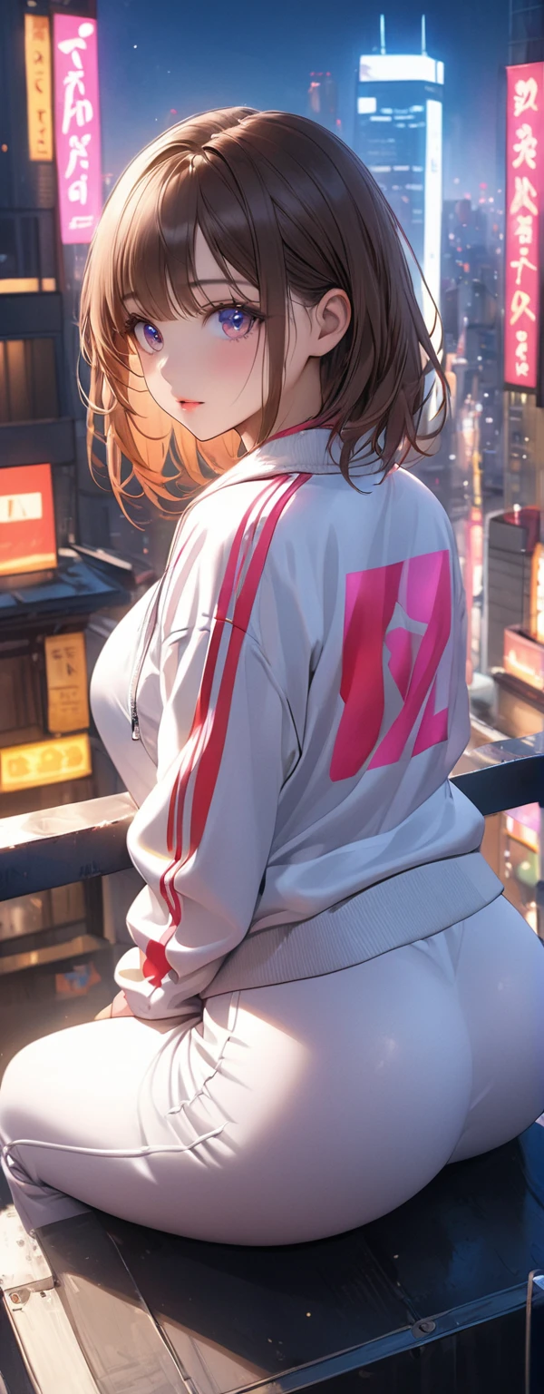 Straight Hair、Brown Hair,Medium Hair,((White Track Jacket&White sweatpants)), Looks about , (beautiful girl: 1.3),1girl,Highest quality,8k,Highly detailed CG unit wallpaper,masterpiece:1.2,Highest quality,Ultra-high resolution,RAW Photos,Realistic textured skin,Cinema Lighting,great Joy,Big eyes,Detailed eyes,Glossy lipstick,Perfect Makeup,Ultra-high definition beauty face,Huge building,Metropolis,voluptuous,(((Big, round and beautifully shaped butt))),(Sitting on the rooftop of a skyscraper in Cyber City),(Panoramic View),night,Detailed neon lights,sequin,((Butt pose)),from behind,Gazing-into-the-Distance,(White Track Jacketが引き裂かれる:1.5),skin tightncient runes,She has her back to us and is looking out at the city.