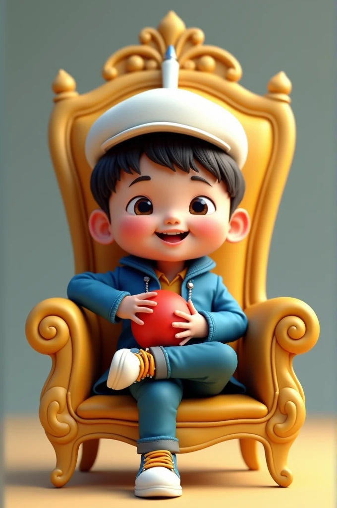 3D Cartoon boy sitting on golden chair, right leg above left or white hat, blue coat, white pen on head
The right hand holds a red ball