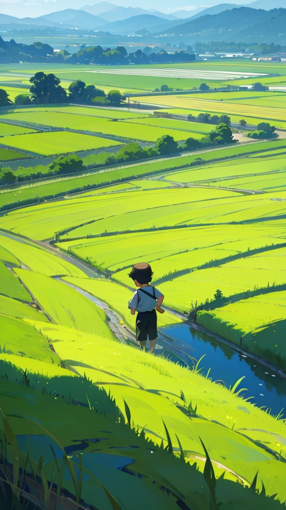 Beautiful countryside scene with green rice fields., Tall mountains and bright blue skies, There is also a river that creates a beautiful rural atmosphere., There was a little boy playing in the rice field., Impressionism.