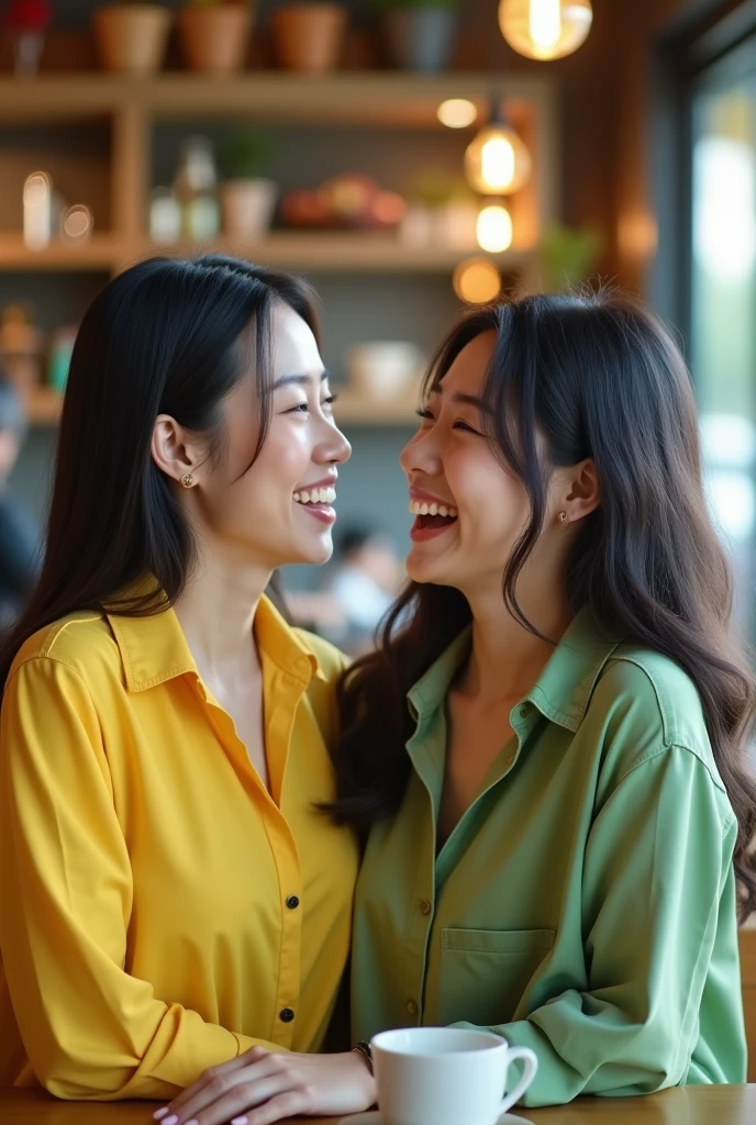 Twin Japanese women in their 20s, one dressed in yellow and the other in green, enjoying a lively conversation in a trendy café. The image must be realistic and live-action, capturing the joy of social interaction.