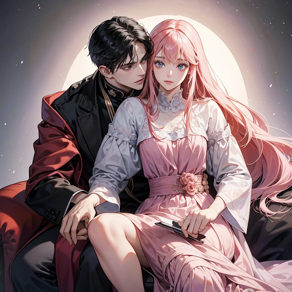 Arona, a young woman with long pink hair and blue eyes, is sitting on the lap of her husband, who has black hair and red eyes. He is in a wheelchair. They are looking at each other with love, capturing a tender and romantic moment. The background is simple and slightly blurred, ensuring the focus remains on their affectionate interaction.