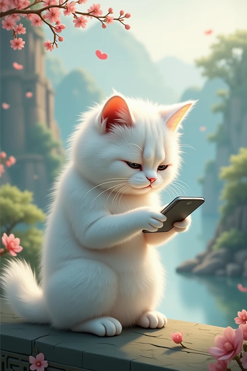 A white cat who loves to show off her presence,sad expression,Cat holding mobile phone,拿著Press love on mobile phone,Press love on mobile phone,background chinese style,Magnets in the background