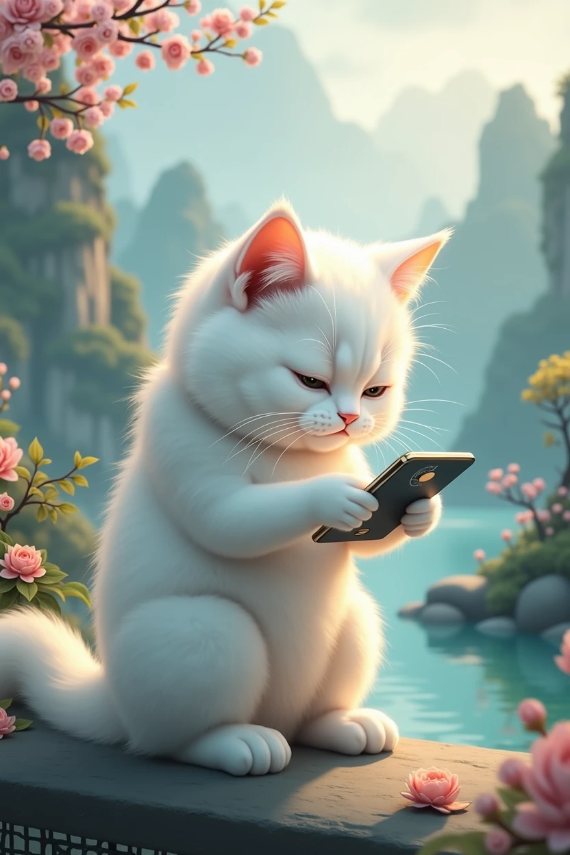 A white cat who loves to show off her presence,sad expression,Cat holding mobile phone,拿著Press love on mobile phone,Press love on mobile phone,background chinese style,Magnets in the background