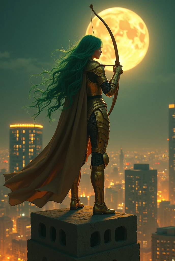 (Masterpiece, 4k resolution, ultra-realistic, very detailed), (Theme of knights of the zodiac, charismatic, there is a girl at the top of the city, wearing a golden gold armor Sagittarius knight, she is a superhero), [ ((20 years), (long green hair:1.2), full body, (green eyes:1.2), ((fighting pose),show of strength), ((sandy urban environment):0.8)| (cityscape, at night, dynamic lights), (full moon))