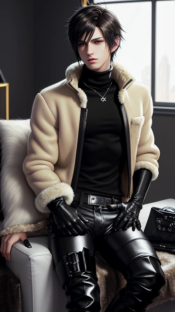 Final fantasy taste and reality graphics, Japanese young cute and cool ikemen boy, his age is early 20s, thin eyebrows and beady eyes, he wearing light brown color very thick shearling jacket, jacket is no leather material and waist length, fur color is white,
also wearing black very thick turtleneck lackluster shirts, tight black leather pants, shiny black leather tight and must put on a thin leather glove both hands, black leather knee-high raceup boots,must views head-to-toe,must views whole body, boy looks like fashion model,Do not show skin from the neck down,leather jacket leather glove and leather pants have few wrinkles,boy in the room,,Avoid showing your innerwear,