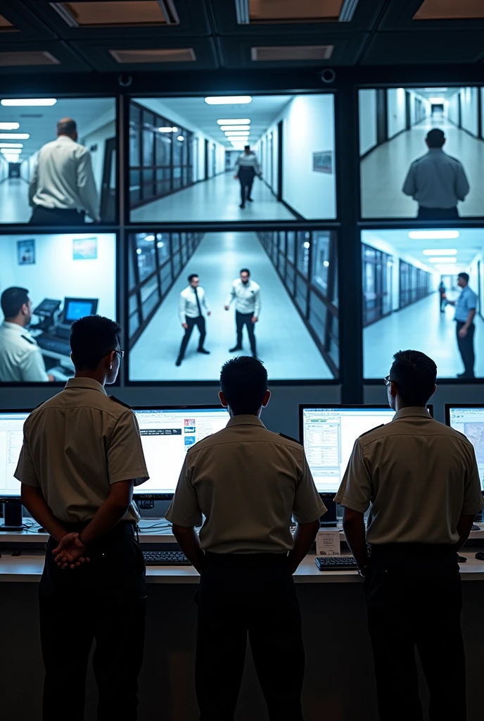 A video from a private security company where four monitors are checking video surveillance and giving orders by radio to condominium guards. There must be eight active computers. The staff must be Hispanic and be wearing beige uniforms.