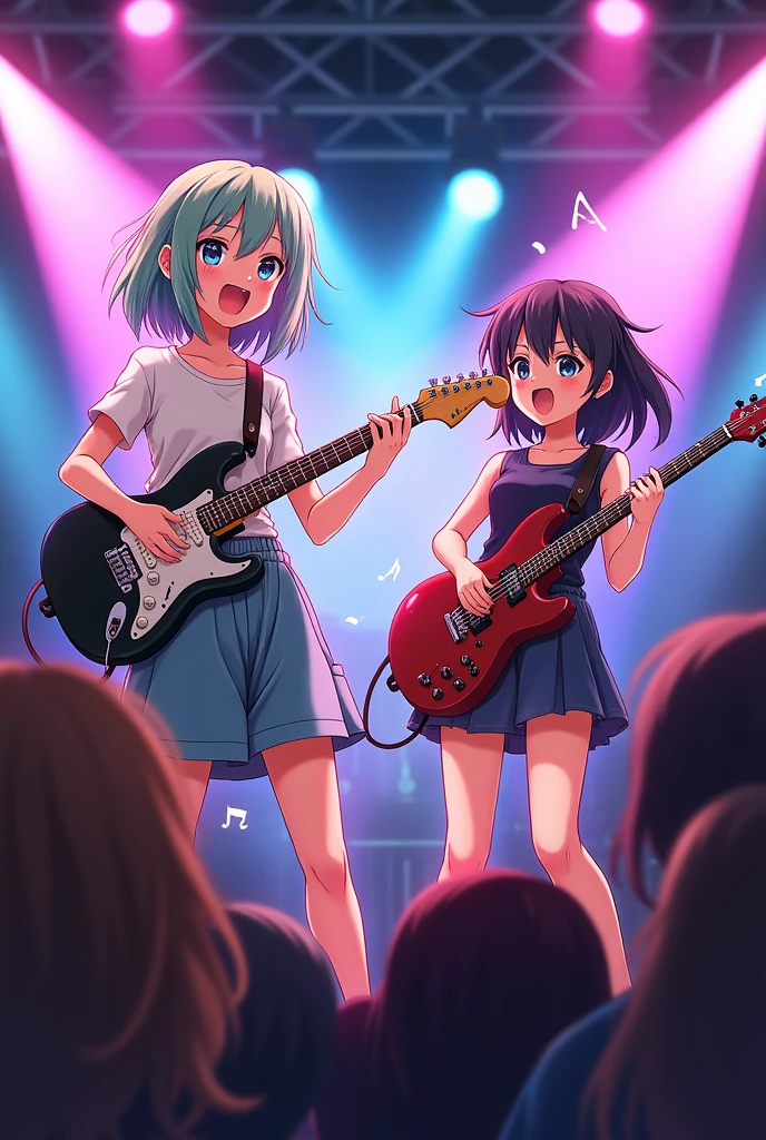 Create an anime-style pair of pictures of people singing and playing the guitar