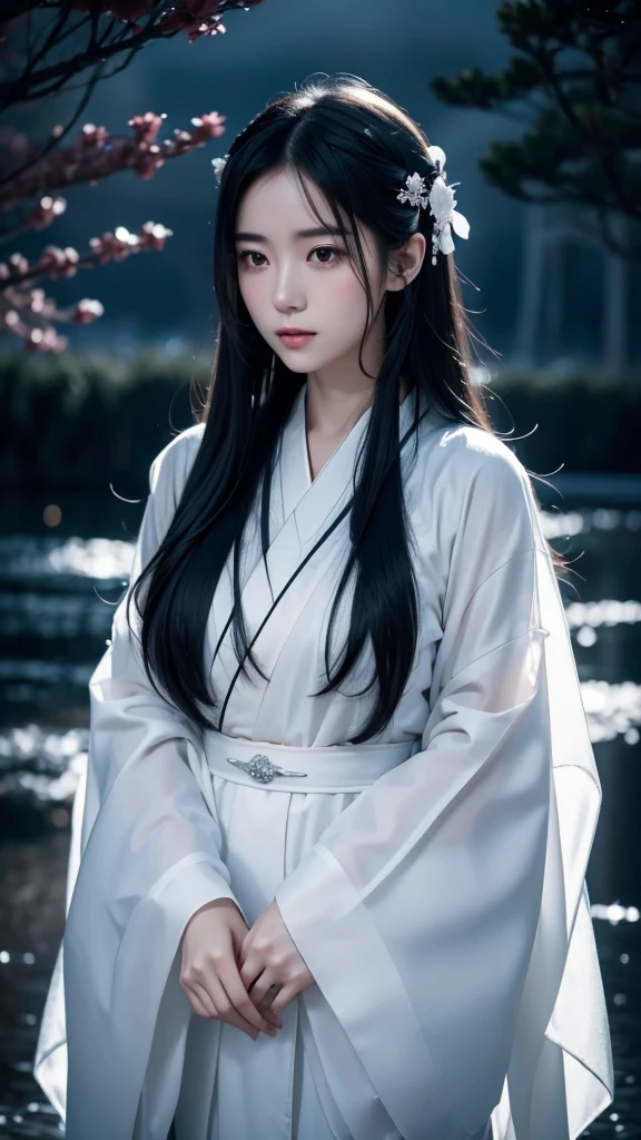 Delicate and dainty young woman with shiny long black hair . She is wearing symple japanese white kimono. The background is a fantastic and ethereal night sky that seems to be haunted by a specter. Her expression is stern and atmospheric.