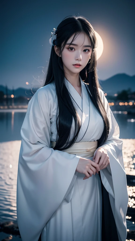 Delicate and dainty young woman with shiny long black hair . She is wearing symple japanese white kimono. The background is a fantastic and ethereal night sky that seems to be haunted by a specter. Her expression is stern and atmospheric.