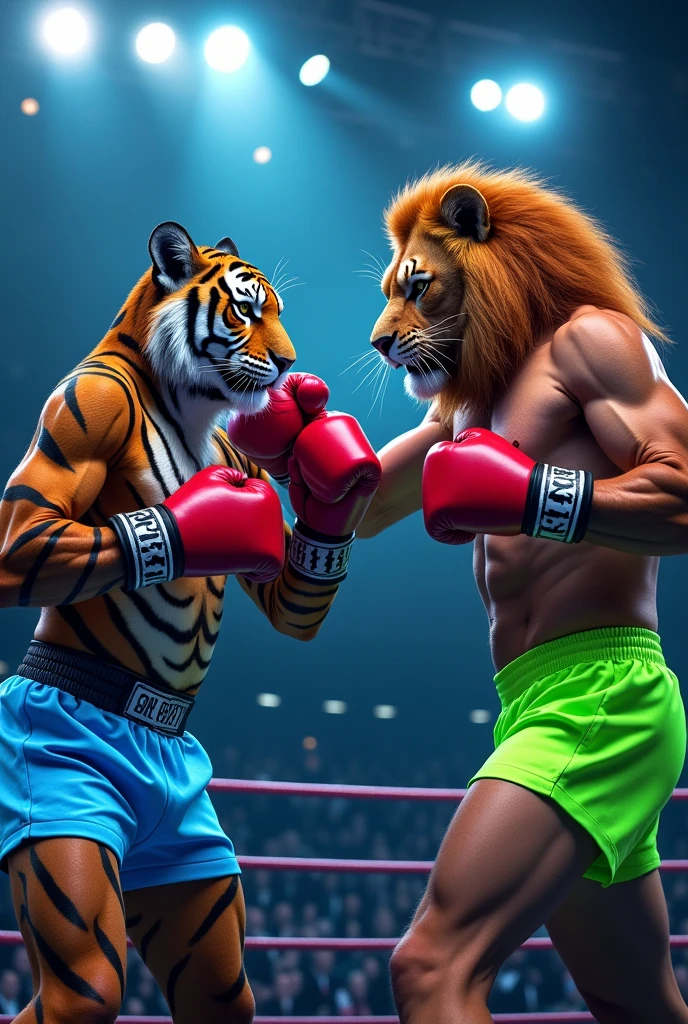 “It creates an image of two anthropomorphic feline characters engaged in a boxing match. A character, the face of a tiger, is on the left with boxing gloves and blue neon-effect underwear, receiving a punch. The other character, a lion, with wounds on his face from the blows he has received, is on the right wearing boxing gloves and neon green boxers, punching hard with an expression of shock and pain while a visible energy emanates from the point. contact on the face. The background is filled with an excited crowd under the bright lights of the stadium, enhancing the dramatic effect of this high-stakes combat sports scene.” Soft furry skin like real animal, neon light effect