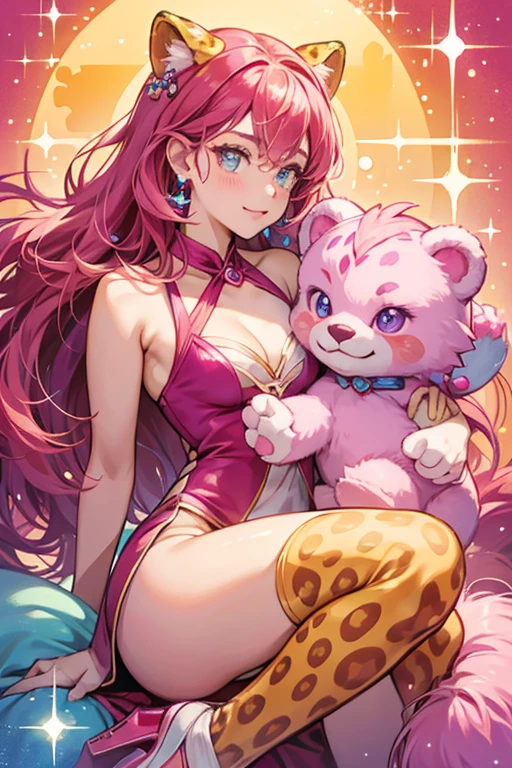 Bamboo is a fuchsia girl bear with orange leopard spots, ears, and paws, and blue cheeks. SPARKLE; GLITTER