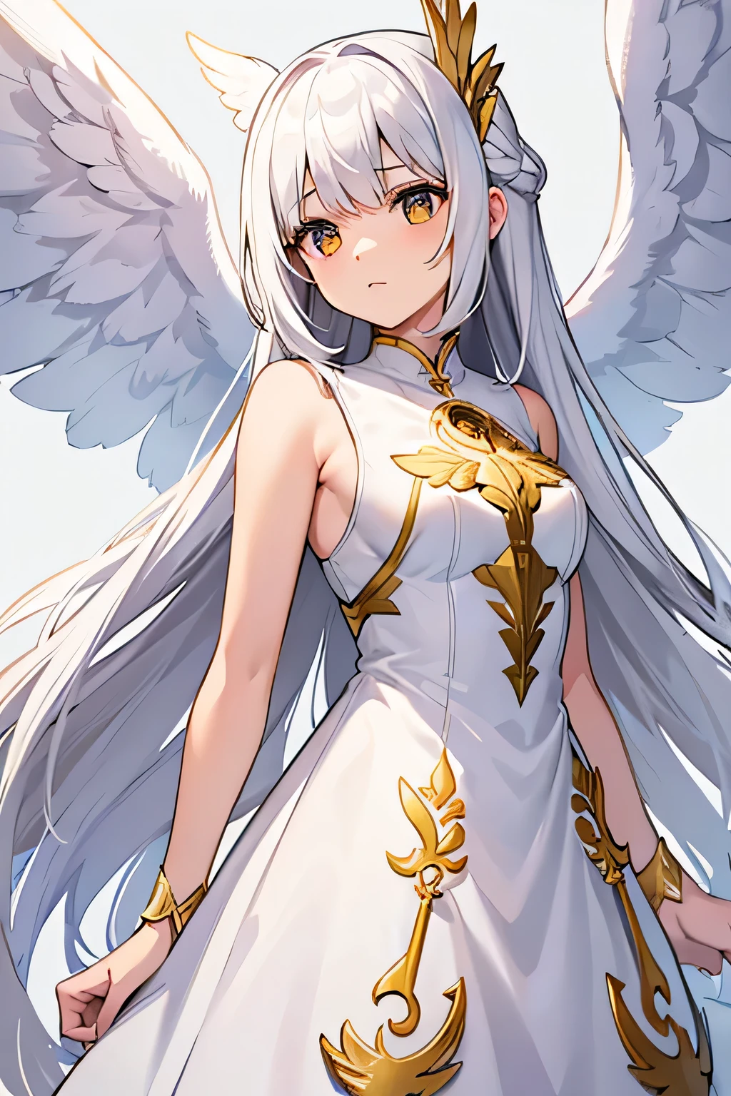 Una chica alta y strong  que en un angel, White hair, White dress with gold parts and sleeveless, HAS 4 WINGS ON THE BACK, good background, standing, looking ahead, strong, Brown, empowered and hermaphroditic. 